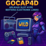 Ilustrasi slot Gocap4d bertema elektronik lawas, menampilkan karakter cyborg, komputer CRT dengan simbol wild, dan perangkat retro 90-an dalam nuansa neon.