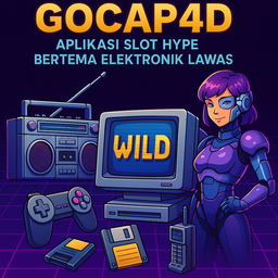 Ilustrasi slot Gocap4d bertema elektronik lawas, menampilkan karakter cyborg, komputer CRT dengan simbol wild, dan perangkat retro 90-an dalam nuansa neon.